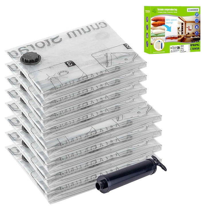 Set of 8 vacuum storage bags for clothes with convenient and space-saving reusable storage. Available in 2 sizes: 4*XL (70x100cm) 4*L (60x80cm). Transparent