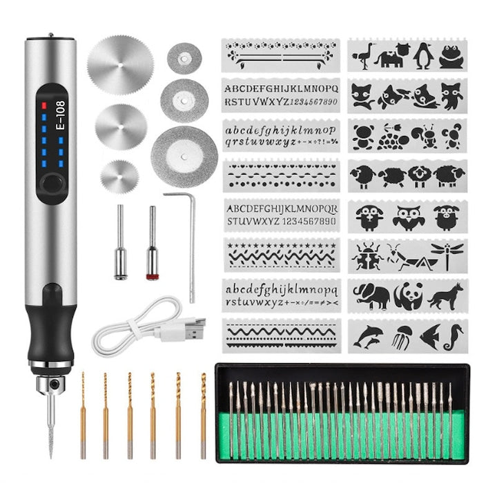 Aparat Multifunctional pentru Gravura si Sculptura portabil incarcare USB 18000 RPM 3 Viteze Gravare pe Metal Sticla Piatra Lemn USB Reincarcabil Perforare Polisare Taiere 40 Accesorii YQLAFT Argintiu