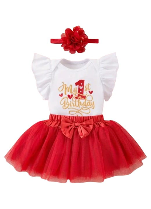 OEM - 1st Birthday Set - White Embroidered Bodysuit with Ruffles, Red Tulle Skirt, and Headband 80cm