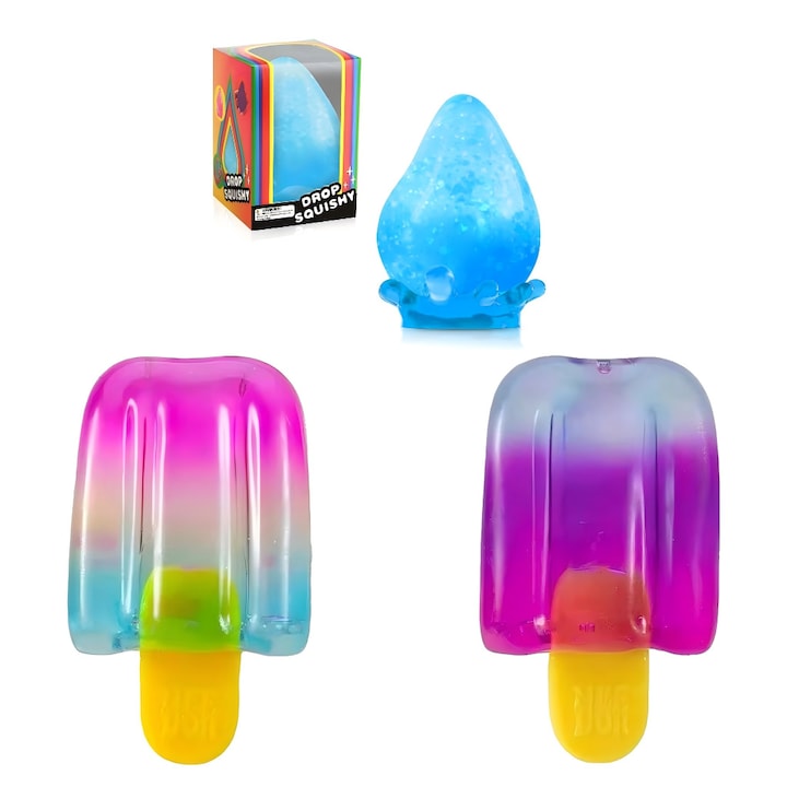 Set 3 Jucarii Antistres Squishy Inghetate + 1 Picatura de Apa Este o jucarie senzoriala care amelioreaza stresul atat pentru copii cat si pentru adulti