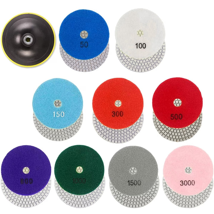 Set de 10 discuri abrazive diamantate pentru slefuire si lustruire 4” granulatie 50 100 150 300 500 800 1000 1500 3000 multicolor