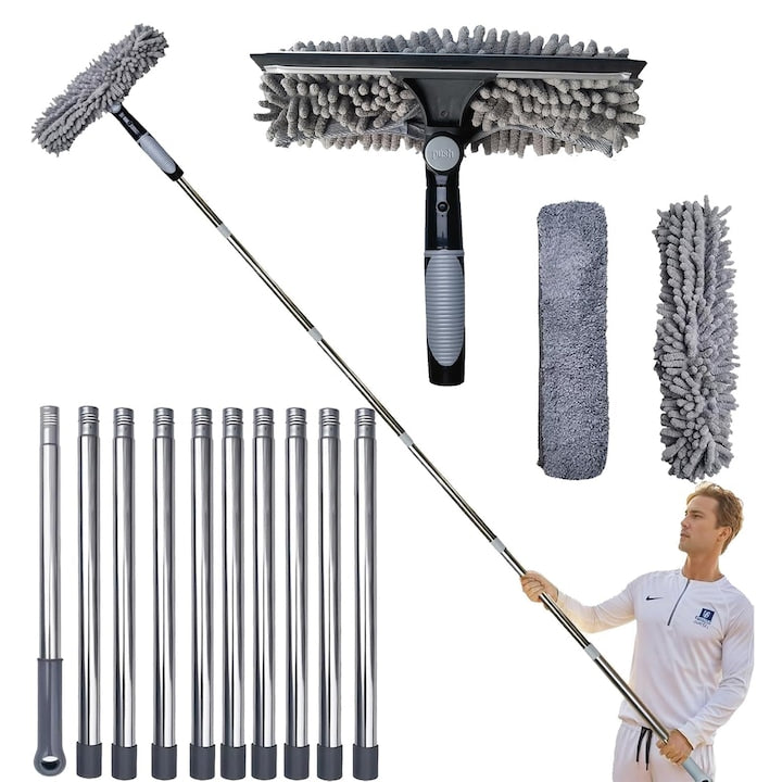 Stergator de geamuri Profesional Morovan 2 in 1 multifunctional telescopic Laveta Microfibra si Chenille racleta din cauciu Maner telescopic reglabil pana la 4.23m Gri deschis