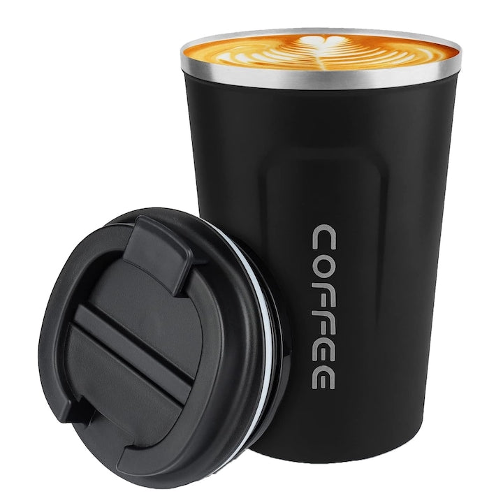 Darklove Coffee Mug, Double-Walled with Lid, Anti-Slip Base, Eco-Friendly, Rust and Leak-Proof, for Coffee, Tea, Espresso, and Chocolate, 304 Stainless Steel, 380 ml, Black
