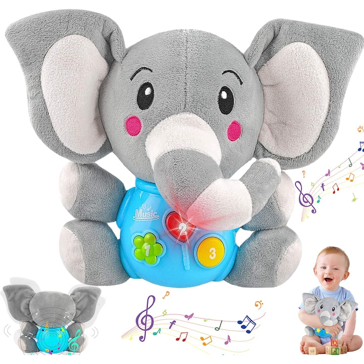 Jucarie interactiva pentru bebelusi Dussdote elefant de plus cu sunete si lumini gri 6-12 luni