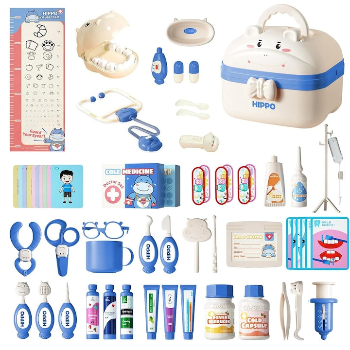Children's Doctor Play Set SINBINTA Educational Medical Kit with Sounds and Lights, 58 Pieces, Includes Stethoscope, Thermometer, Syringe, Learning Through Play, etc., Helps Develop Child's Imagination and Logic, 19.5*19*15.5cm, Blue