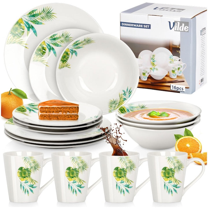 Set Serviciu De Vesela Pentru 4 Persoane Vilde Model Modern Cu Motive Vegetale Si Plante 16 Piese (Farfurii Intinse Boluri 600ml Desert Cani) Alb Cu Decor Verde Portelan De Calitate Superioara Lavabil Masina De Vase Design In Tendinte