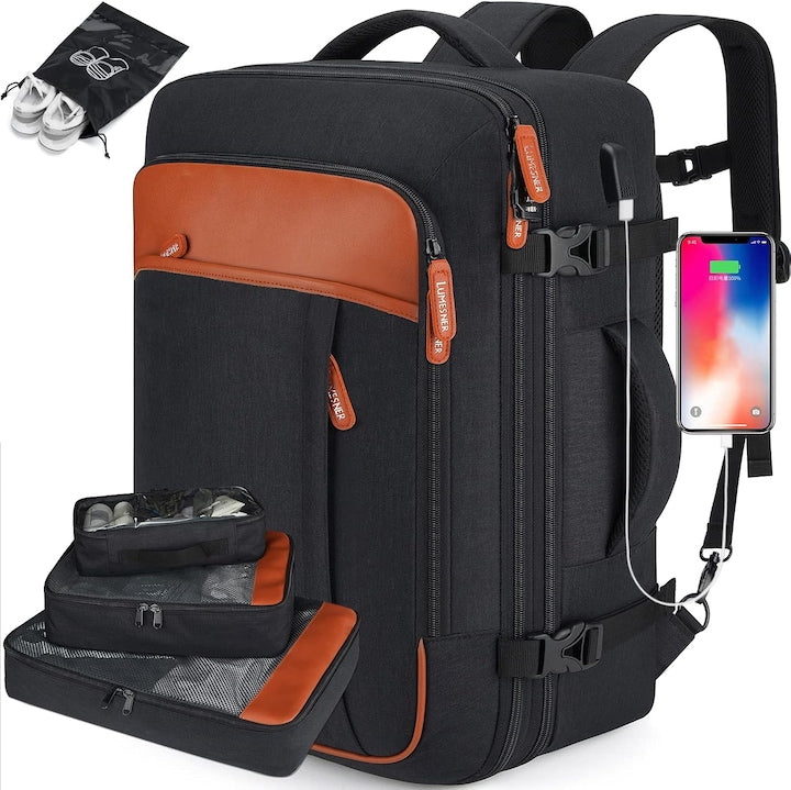 Rucsac calatorie avion barbati femei Lumesner convertibil in geanta de mana tip duffel cu cifru port USB impermeabil extensibil 35-42L Negru