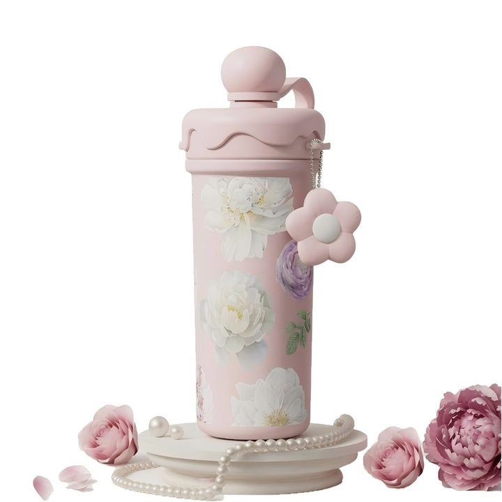 Cana Termos Portabila Cana Termo cu Pai din Otel Inoxidabil 316 680ml Izolare Vacuum Maner si Panglica cu Infuzor de Ceai Detasabil Izolare 24h Anti-Curgere Design Floral Sakura Roz