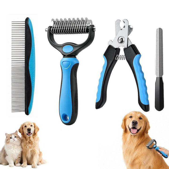 Set Ingrijire Animale 4 Piese Albastru – Perie Deshedding Pieptene Unghiera si Pila Otel Inoxidabil pentru Caini si Pisici