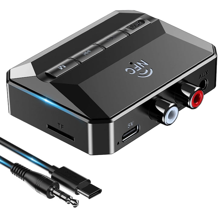 Adaptor Bluetooth receptor audio 3 in 1 Bluetooth 5.3 Functie NFC AUX/RCA jack 3.5 mm pentru Casti Masina Sistem Audio Home Cinema OUYLAF Negru