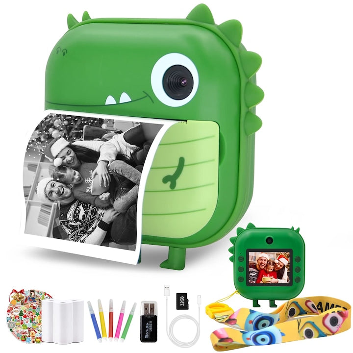 Set aparat foto digital pentru copii WALALLA cu functie de imprimare instantanee camere duale fata si spate 1080p card de 32g 2 4 inci inclusiv diverse accesorii tema dinozauri verde