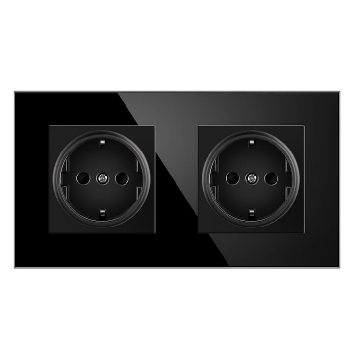 4M Bathroom Double Socket with Protection Fantasy European Standard Wall Socket Type 82 Flush-mounted 16A 110-240V Tempered Glass + Plastic Waterproof CE Certified Temperature Resistant Black