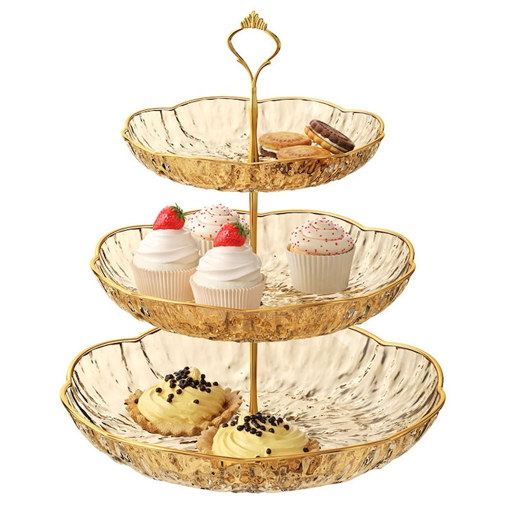 Suport etajat pentru prajituri 3 straturi Plastic 24*36 cm cu maner capacitate mai mare Instalare stabila PET platou fructe etajat suport deserturi auriu decor masa lux suport gustari produse bucatarie Romania design nordic Auriu