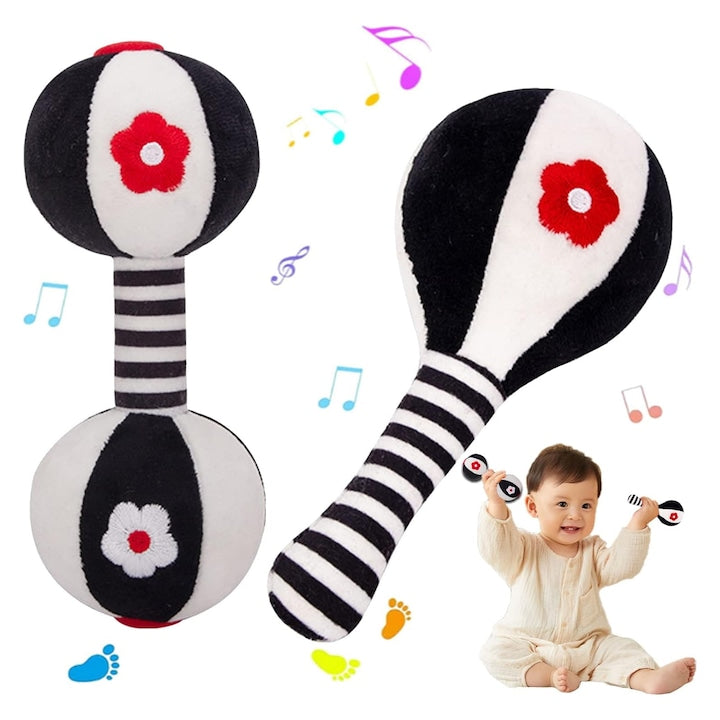 Set Jucarii Senzoriale si Zornaitoare SINBINTA Contrast ridicat alb-negru Ton de apel incorporat Plin si moale Fara deformare Fara fluorescenta Pentru stimulare vizuala si cognitiva bebelusi Bumbac 6x15cm Alb/Negru