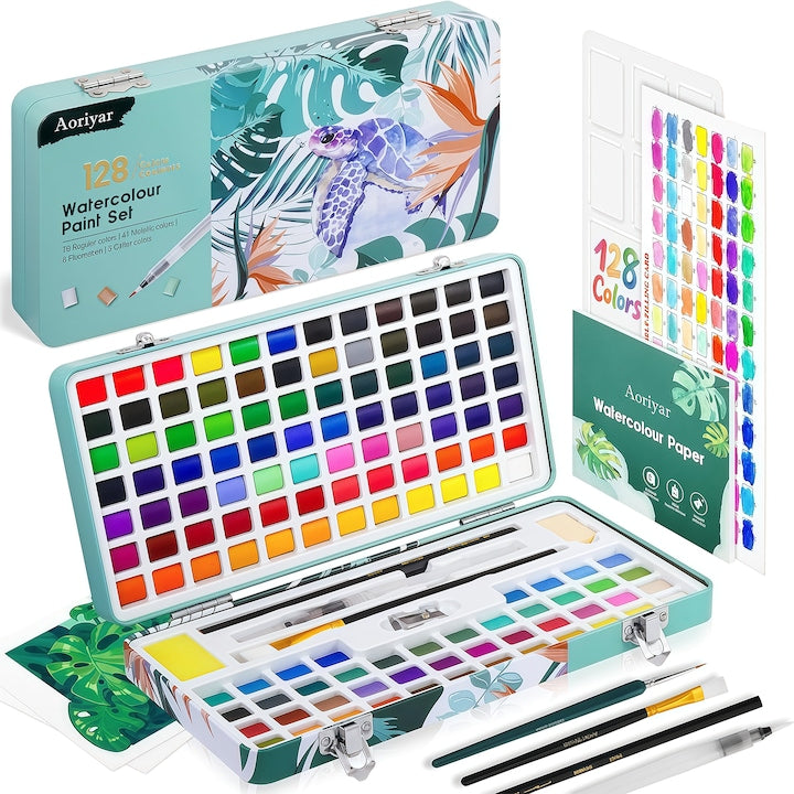 128-color watercolor set 128-color watercolor painting set in a metal box with a water brush 128 vibrant colors Solid pearlescent watercolor concentrated pigment brilliant colors high transparency green materials, multi