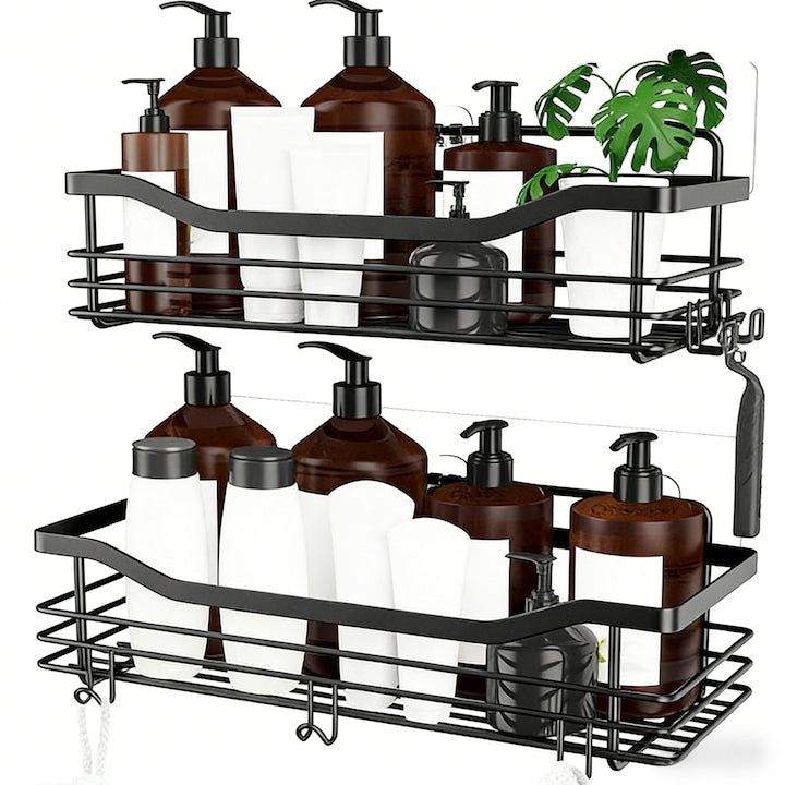 2 Pack Suport De Dus Din Otel Inoxidabil Mare Organizator Autocolant Fara Gaurire Raft Cu Hanger Pe Partea Frontala Si Laterala Design Practic Pentru Depozitat Produse De Ingrijire Personala In Baie Ideal Pentru Dusuri Si Bai Moderne Negru