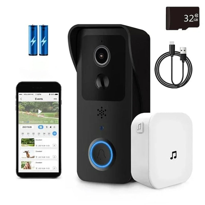 Sonerie wireless 1080P camera WiFi 2.4/5G vedere nocturna intercom bidirectional negru