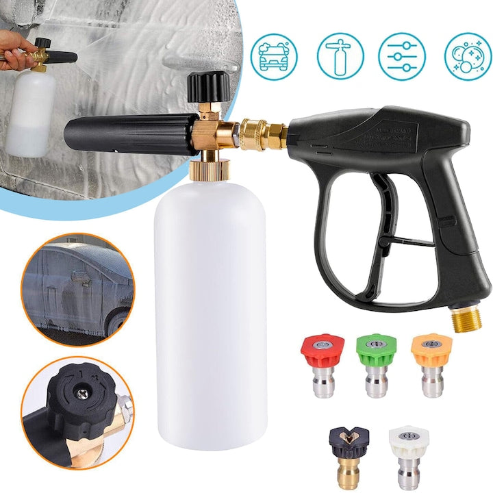High-Pressure Washer Gun Foam Cannon with 1/4 Inch Quick Connector Soap Gun for Pressure Washer with 5 Nozzles M22-14mm Inlet Connector Foam Container