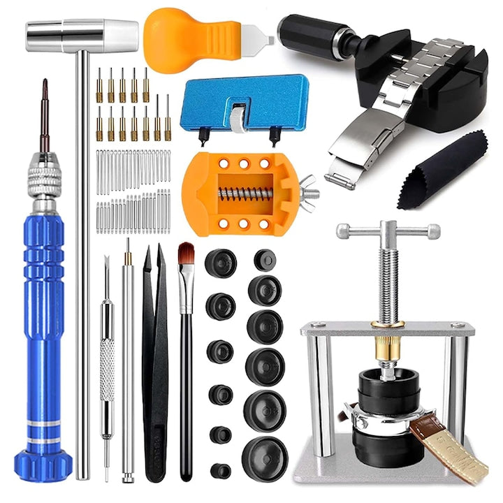 Set instrumente repararea ceasurilor Rqiurpn Multifunctional Kit Complet Inlocuire Baterie Scoatere Verigi Deschizator Carcasa Accesorii Reparare cu Surubelnite Pensete Plastic/Inox Multicolor