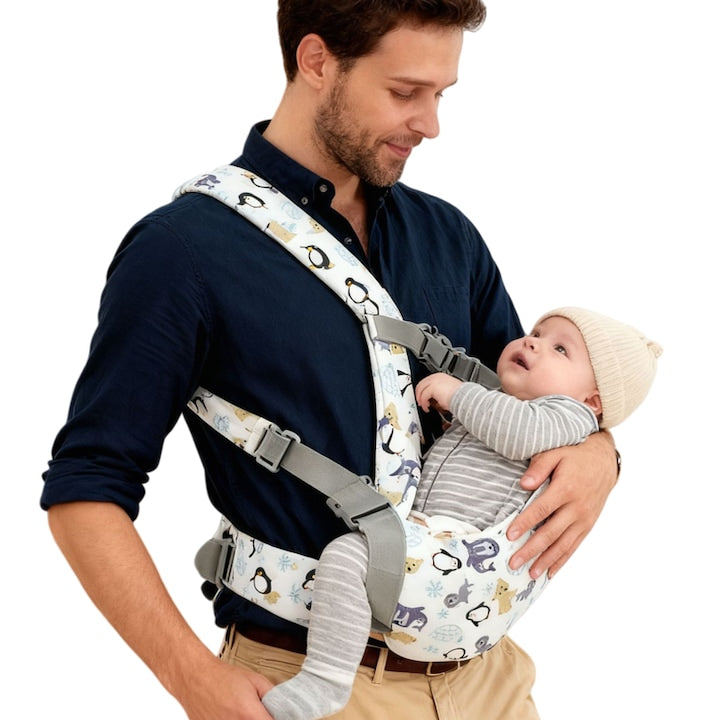 Marsupiu Ergonomic Bebelusi Fantasy benefic pentru sanatatea articulatiei soldului bebelusului Protejeaza coloana vertebrala 3-36 months Reglabil pana la 15 kg 4 pozitii Poliester + Bumbac Metoda X-back Alb cu imprimeu de animale marine