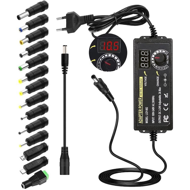 Alimentator Reglabil Universal 3-24V 3A Afisaj Digital de Voltaj si 14 Conectori AC DC 5 5x2 5mm Negru