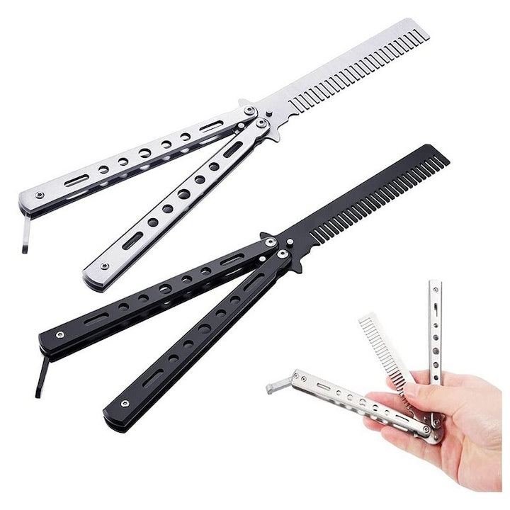 Set of 2 Butterfly Knives with Comb C3661 Foldable Stainless Steel For Training 22cm Black/Silver