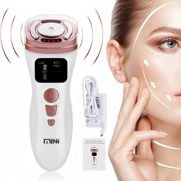 Aparat Facial cu Ultrasunete Radiofrecventa RF Ultrasunete HIFU Lifting EMS Fototerapie 3 lumini Curatare ten Mezoterapie Anti Rid/Cearcane/Acnee elimina Petele Masaj facial Intinerirea pielii Alb