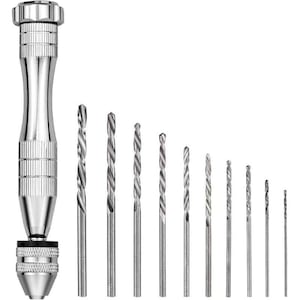 Set mini burghiu manual cu 10 burghie micro spiralate 0.8-3 mm pentru proiecte DIY culoare argintie dimensiuni 120x20mm