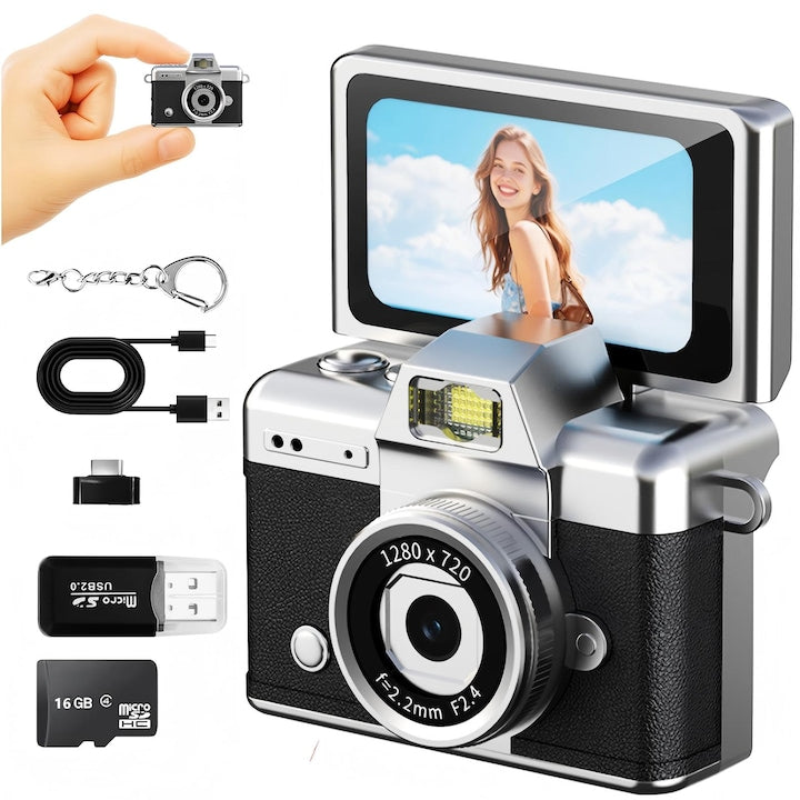 Camera Mini Cheie WALALLA Ecran Rasturnabil 1.47 inch 1080P HD Moduri Multiple Filmare Card 16GB Inclus Portabila Cadou Pandantiv pentru Copii si Adulti Calatorie Petreceri Negru