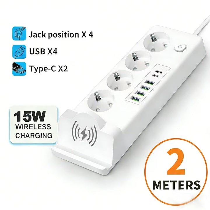 Prelungitor cu incarcare wireless 15W 3000W 220V-250V 4 prize 4 USB-A 2 USB-C cablu 2 M Protectie Copii Impamantare Ignifug Alb