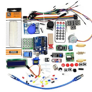 Kit de programare Arduino Starter UNO R3 Rqiurpn Display LCD Fotorezistor LDR motor pas cu pas telecomanda infrarosie set multicolor