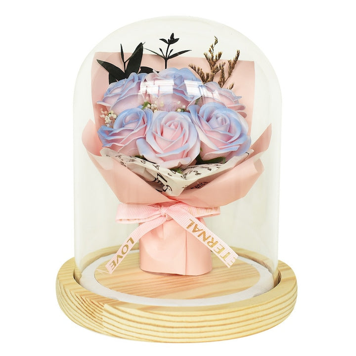 Trandafir etern sub cupola de sticla ZOUN trandafir personalizat de lux soclu din lemn cadou potrivit pentru mama sotie iubita fete aniversari 20 cm roz gheata