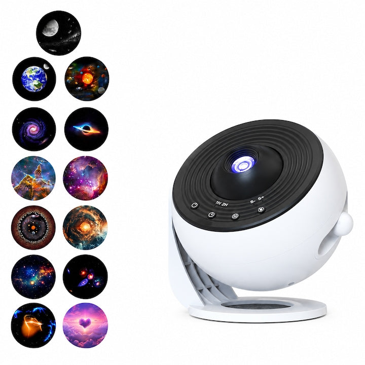 Proiector Galaxy Pro cu Bluetooth si 13 Diapozitive 4K HD Lampa de Noapte cu Proiectie Stele Difuzor Integrat 15 Sunete White Noise Rotire Silentioasa Timer Alb/Negru