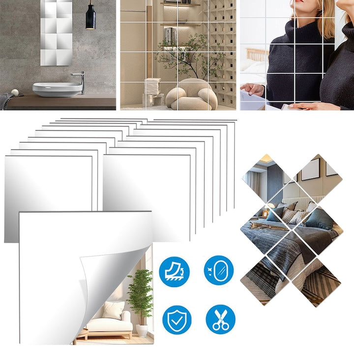 Set of 32 self-adhesive mirror stickers, 15x15cm, flexible for interior decoration, shatterproof, frameless