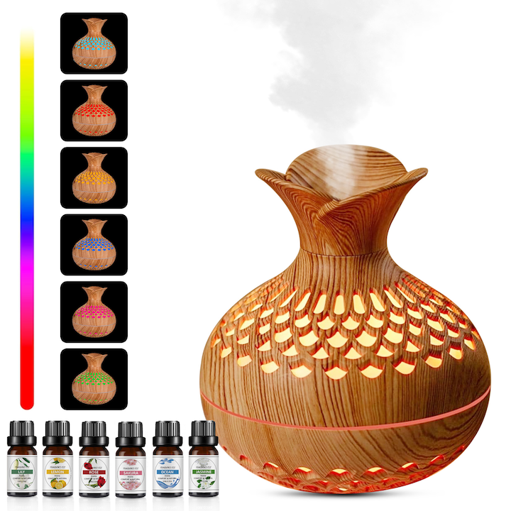 ZUNSEAT Essential Oil Diffuser for Home + 6 Essential Oils, Yoga, Office, Spa, Bedroom, Air Humidification Function, ABS, Brown