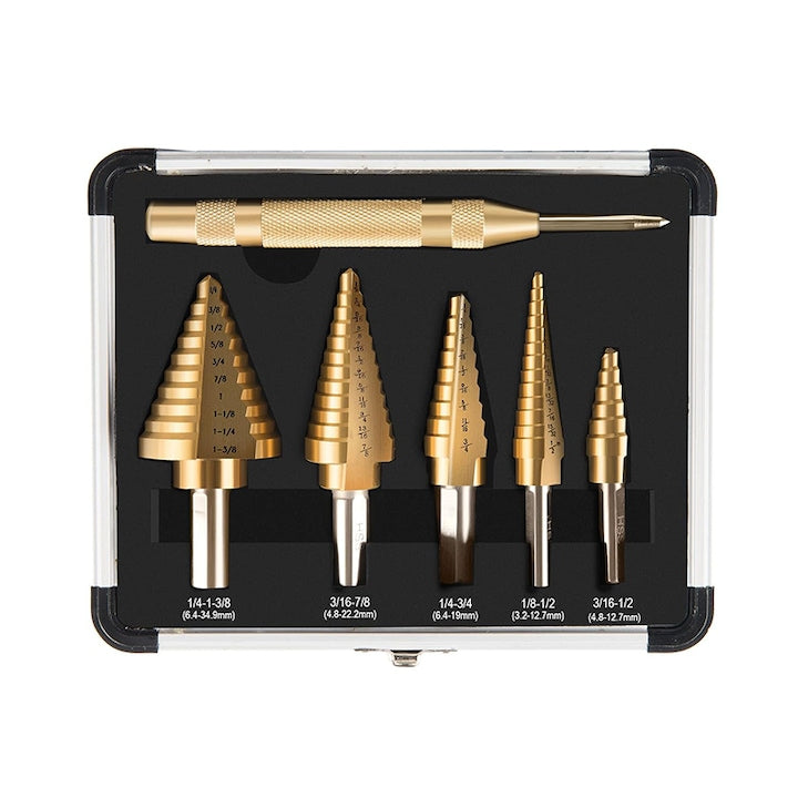 Set 6 burghie in trepte Omelivon Cu perforator central automat acoperire din titan 50 dimensiuni usor de transportat si depozitat pentru pasionatii de bricolaj Auriu