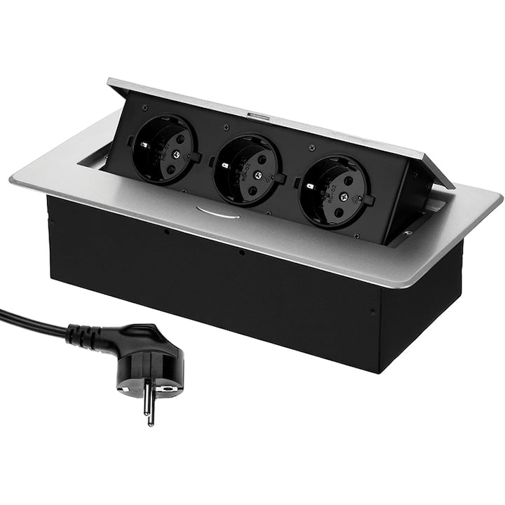 Built-in Countertop Socket Duueyct, 3 Standard Sockets 16A/250V, Modern Design, Protective Cover, Easy Installation, Elegant Solution for Office and Home, 1.5m, Silver/Black