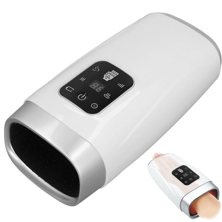 Aparat pentru masaj maini amelioreaza durerile articulare relaxeaza caldura vibratii acupunctura 4 intensitati 4 programe acumulator 30.8×15.8×11.6cm 138kg 2200mA Alb