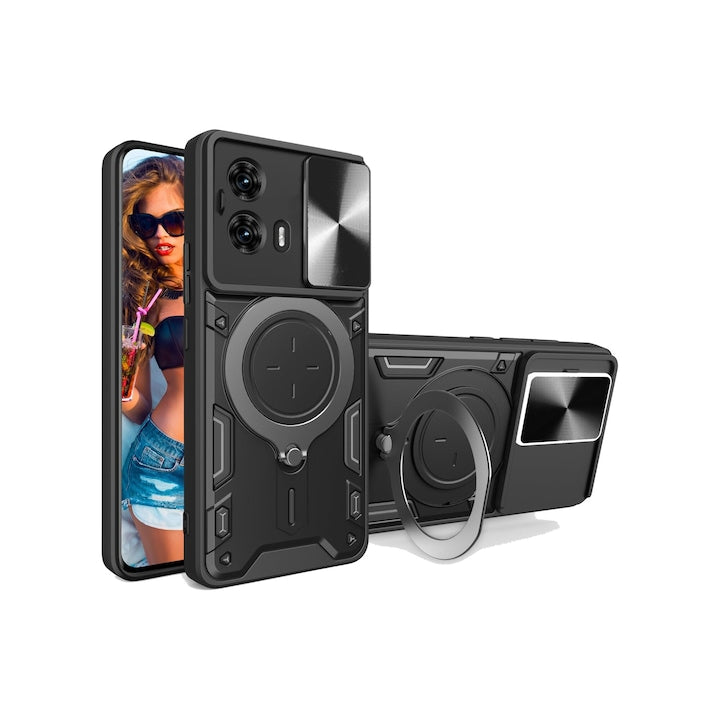 Phone case for Motorola Edge 50 Fusion Slide Camera Lens Cover 360° Rotating Ring Kickstand Titanium Black