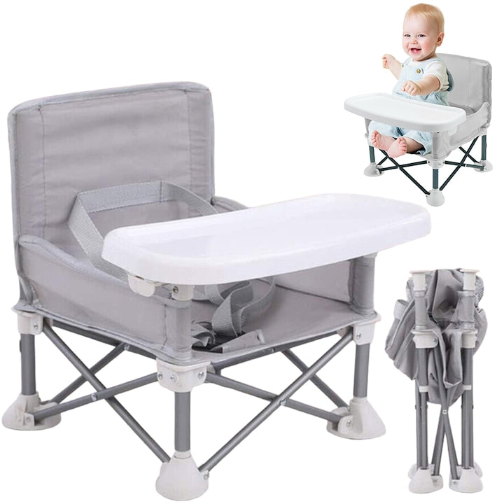 Inaltator pentru bebelusi fotoliu pliabil cu centura de siguranta cu blocare tava si husa detasabile si lavabile multifunctional si stabil centura de siguranta cos de depozitare gri +6 luni