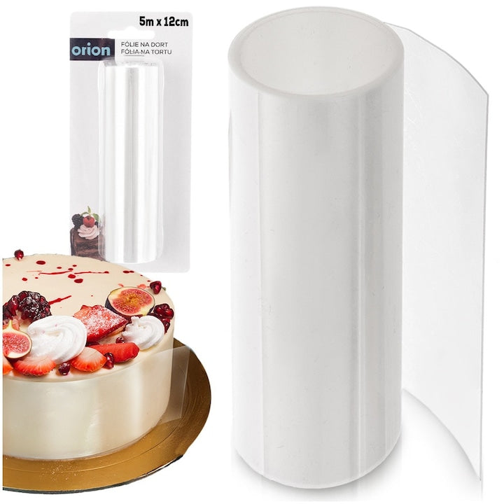 Folie Acetat Pentru Torturi Si Prajituri Orion 5 M x 12 cm x 125 Microni Plastic Transparent Banda De Margine Pentru Cofetarie Protejeaza Marginile Impotriva Uscarii Faciliteaza Formarea Straturilor Si Decorurilor Din Ciocolata