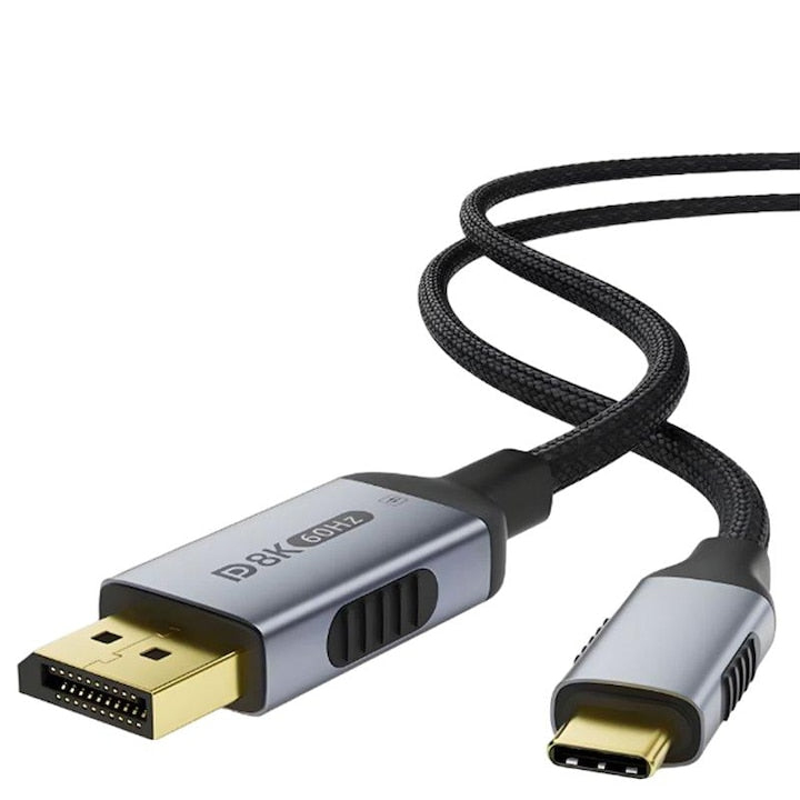 Cablu adaptor bidirectional USB-C la DisplayPort 1.4 ZOUN 8K/60Hz 4K/240Hz HDR 2 m 12 biti universal cablu impletit gri