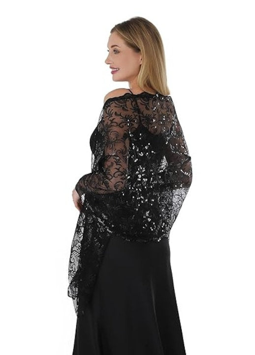 OEM - Sal dama tulle chiffon paiete aurii si argintii negru 70x180cm 12 rate cu 0% dobândă