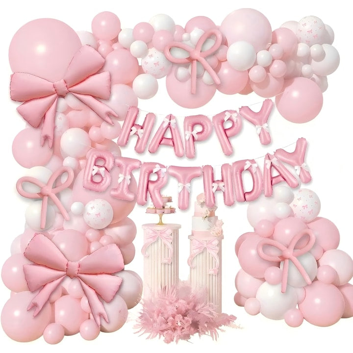 Set Arcada Baloane Petrecere 102 Piese Tema Funda Roz Princess - 2 Funde 3D XXL Banner La Multi Ani Baloane Roz Alb + Lant Baloane