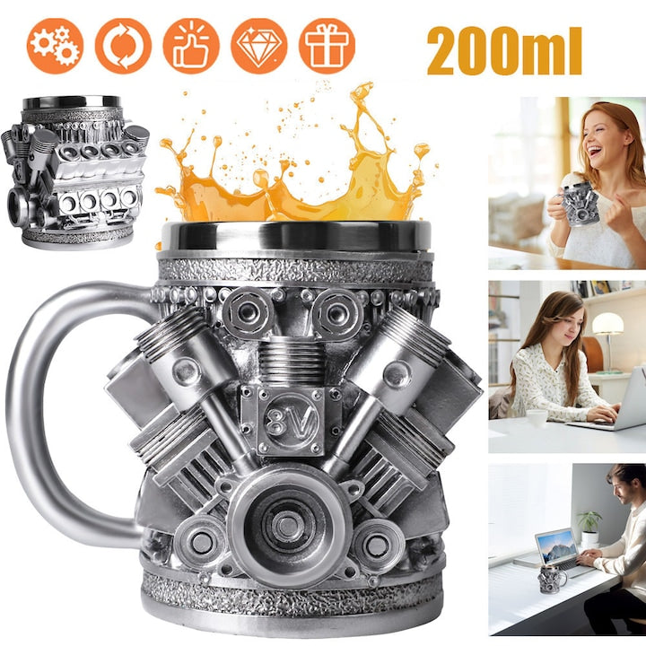 CHOOLY Stainless Steel Mug V8 3D Engine Design Silver Grey 200ml