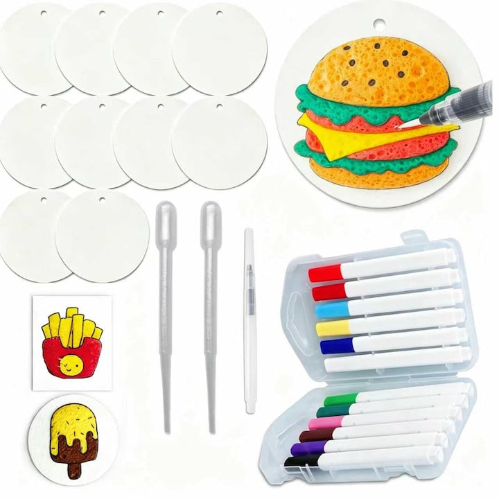 Set Pictura Textura 3D Magica – 10 Hartii Burete + 12 Markere Acrilice pentru Copii Efect Expandabil cu Apa