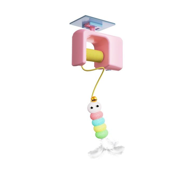 Interactive Cat Toy Set for Indoor Cats, Fantasy Electronic Toy with Feathers and String, Hanging on Door, Automatic Retraction, 2 Replacement Heads, USB Charging, for Kittens, Inspiring a Cat's Natural Instincts, Pink