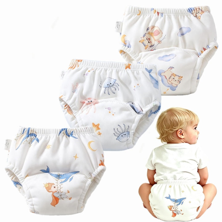 Set de 3 Chiloti de antrenament pentru olita 100% Bumbac Reutilizabili Cu strat antiscurgere Puternic absorbanti Albi cu imprimeuri dragute L(12-18kg)