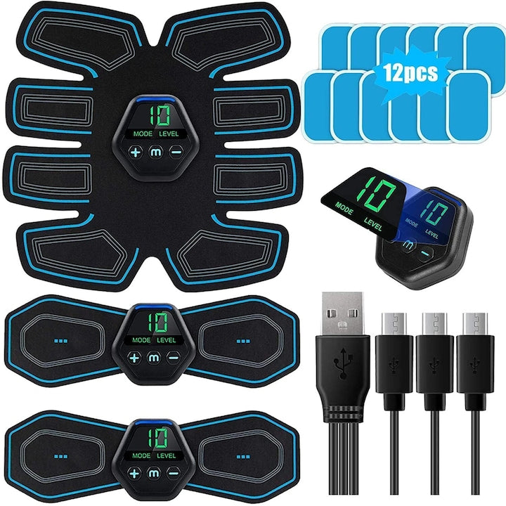 Aparat Electrostimulare 10 Moduri 20 Nivele Functie Stimulator Muscular Brate Abdomen Picioare Functie Tonifiere Display LCD Set 12 EXtra Padu-uri Silicon Inclus Negru/Albastru