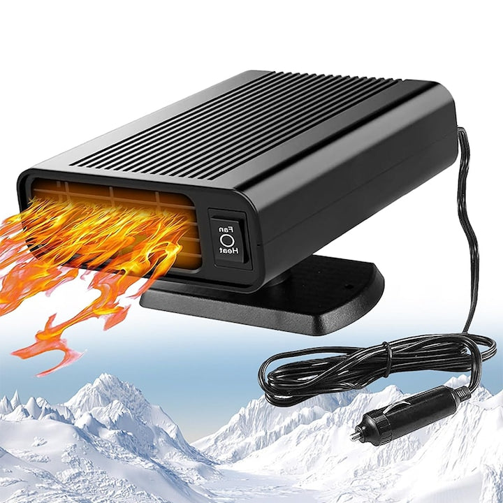 Incalzitor/racitor multifunctional pentru masina ZOUN 12V 120W incalzire si racire cu dubla utilizare zgomot redus dezghetare si dezaburire reglabil la 360 de grade mufa pentru bricheta cablu de 150 cm montare cu adeziv 3M negru